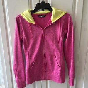 North face zip front hoodie in pink w/ yellow trim.